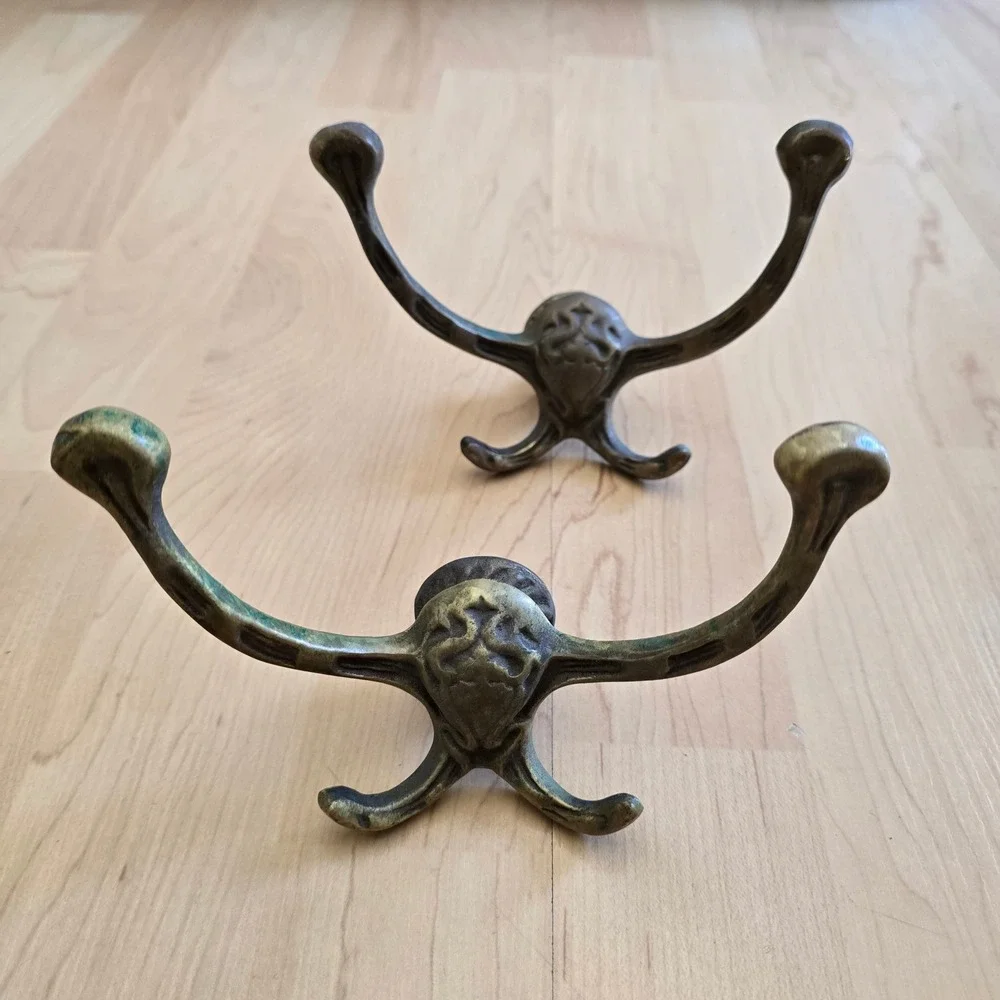 Vintage Cast Metal Wall Hooks Set of 2 Ornate 4-Prong Coat Hat Rack Aged Brass